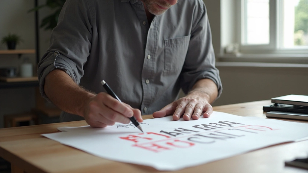 Professionele designer werkend aan typografische compositie met potlood en schets